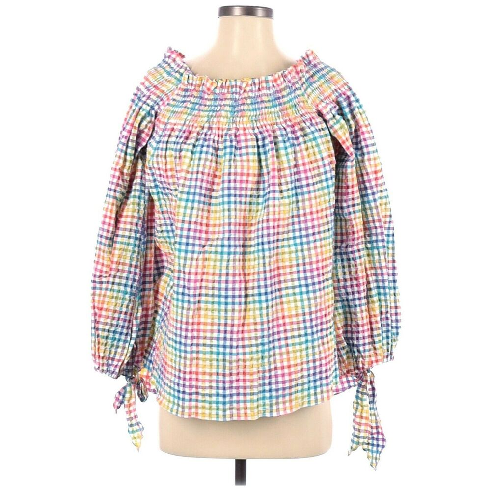 CAROLINE CONSTAS Lou off the shoulder gingham seersucker blouse top in rainbow S